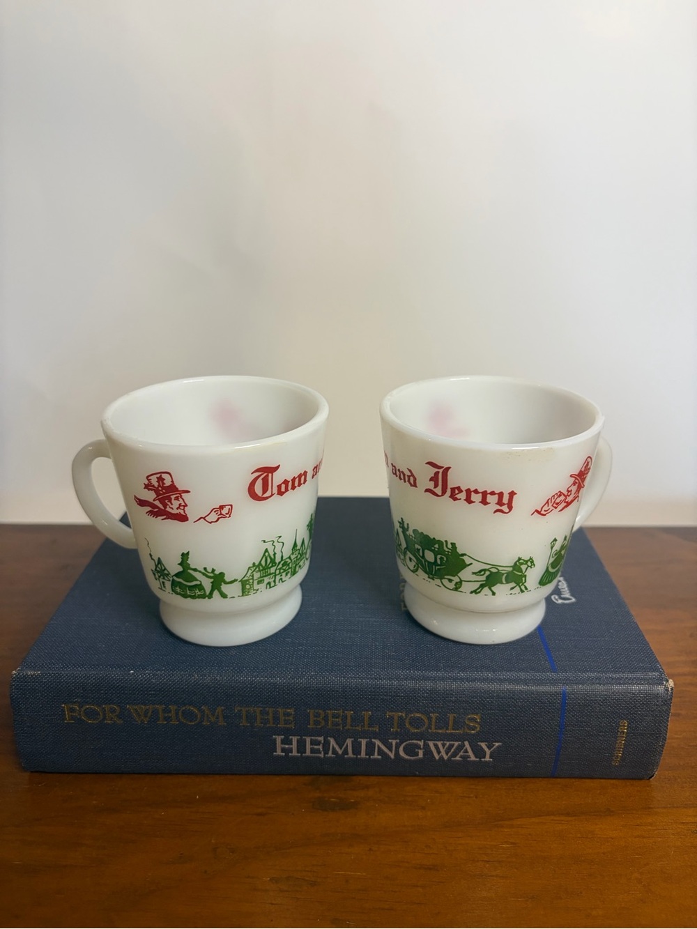 Tom and Jerry White Milk Glass Mugs with Red and Green Prints - Set of 2